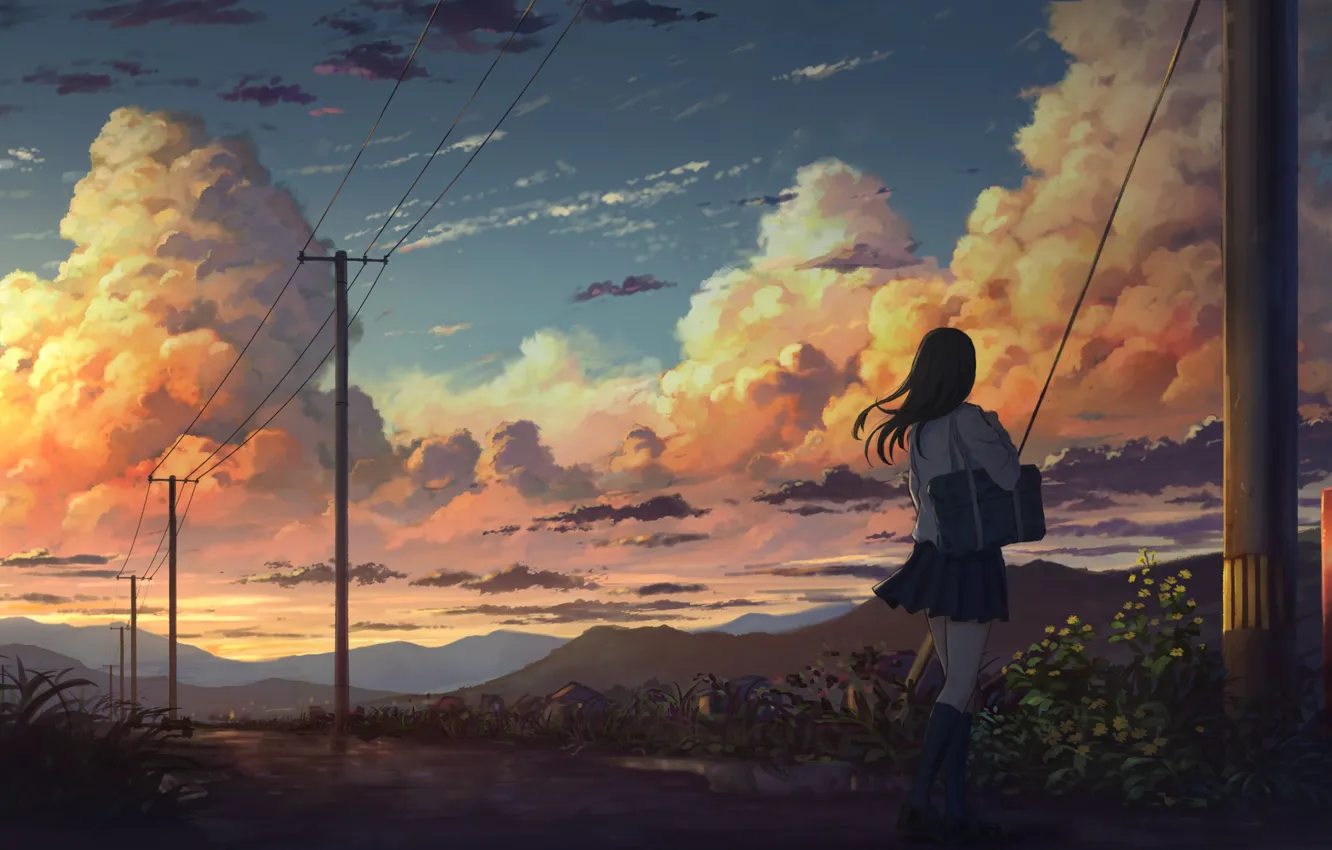 Photo wallpaper Clouds, Girl, The evening