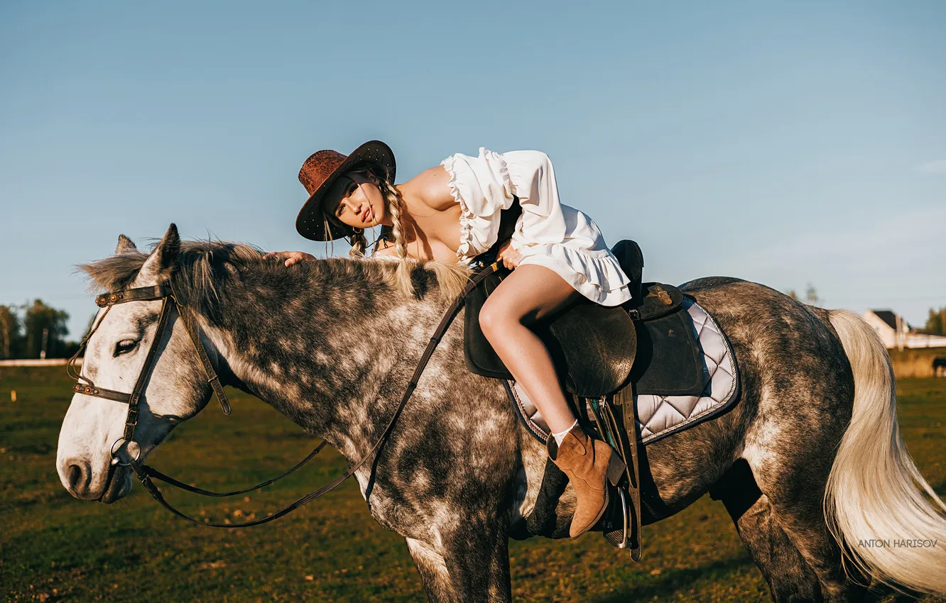 Photo wallpaper girl, sky, field, model, women, horse, blonde, white dress