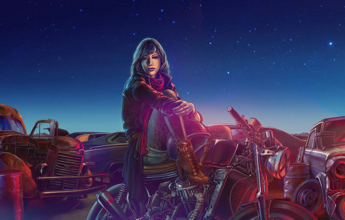 Photo wallpaper machine, girl, night, motorcycle