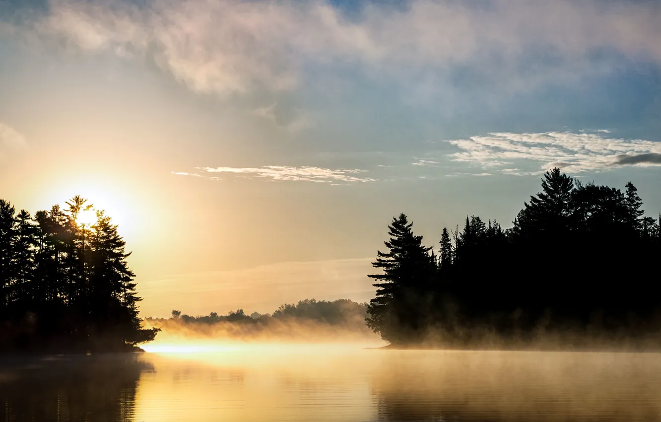 Photo wallpaper the sky, clouds, trees, fog, lake, reflection, sunrise, mirror