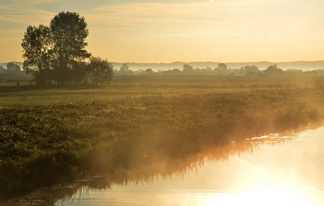 Photo wallpaper light, landscape, sunset, nature, fog, river