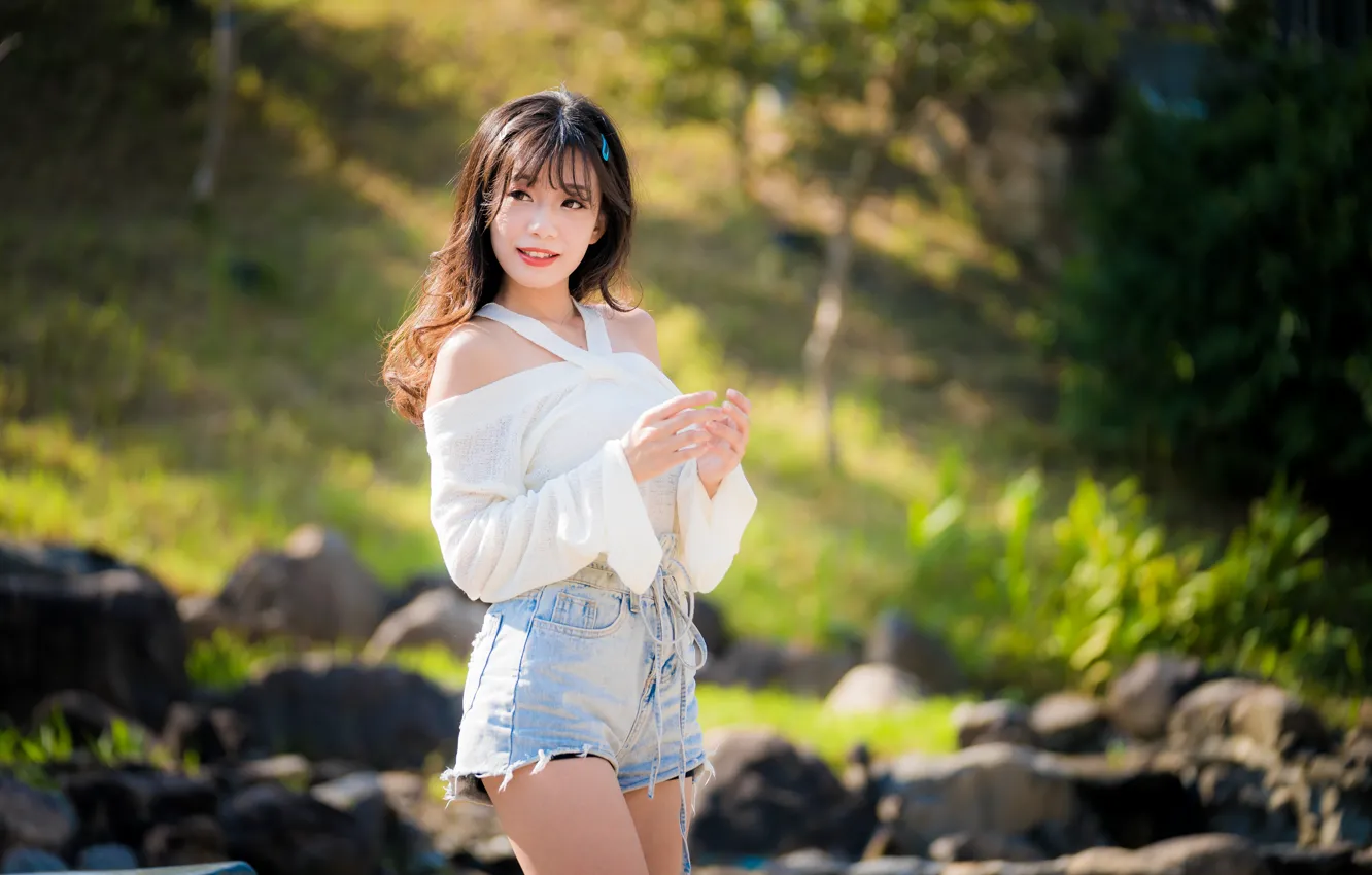 Photo wallpaper girl, pose, Asian, bokeh