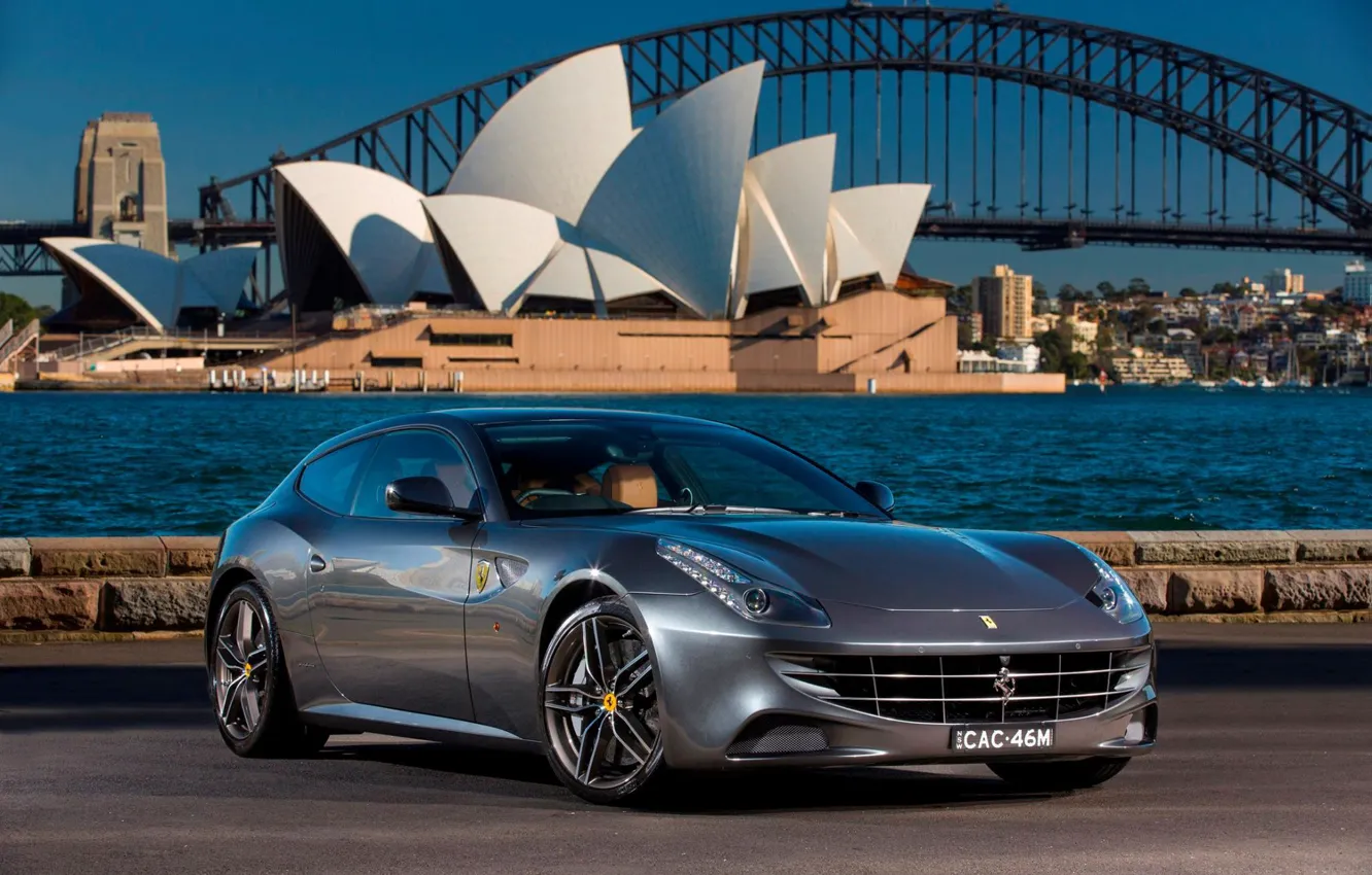 Photo wallpaper asphalt, bridge, river, grey, coupe, ferrari, Ferrari