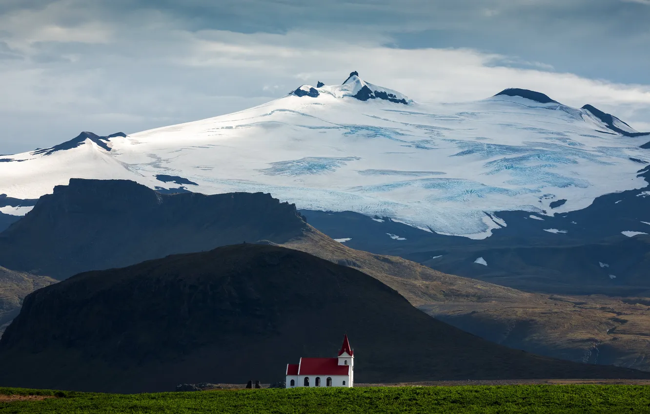 Photo wallpaper field, snow, mountains, tops, slope, Church
