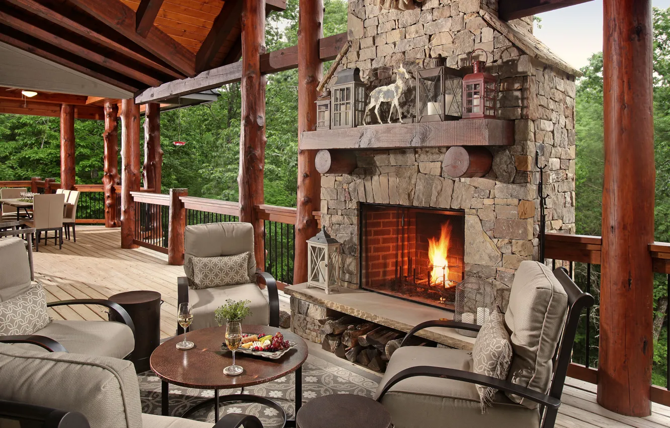 Photo wallpaper wooden, interior, fireplace, living spae