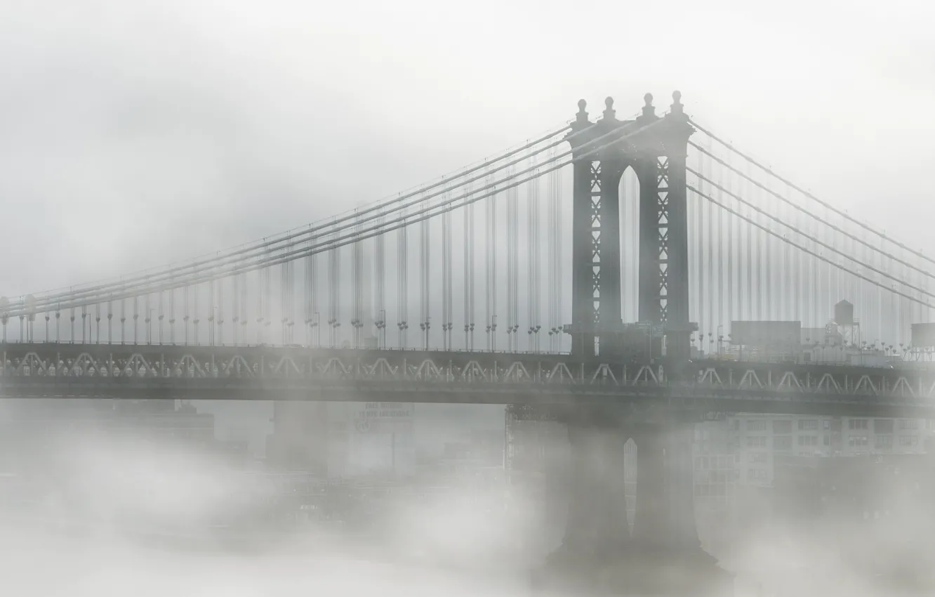 Photo wallpaper bridge, city, the city, fog, New York, Brooklyn, USA, USA