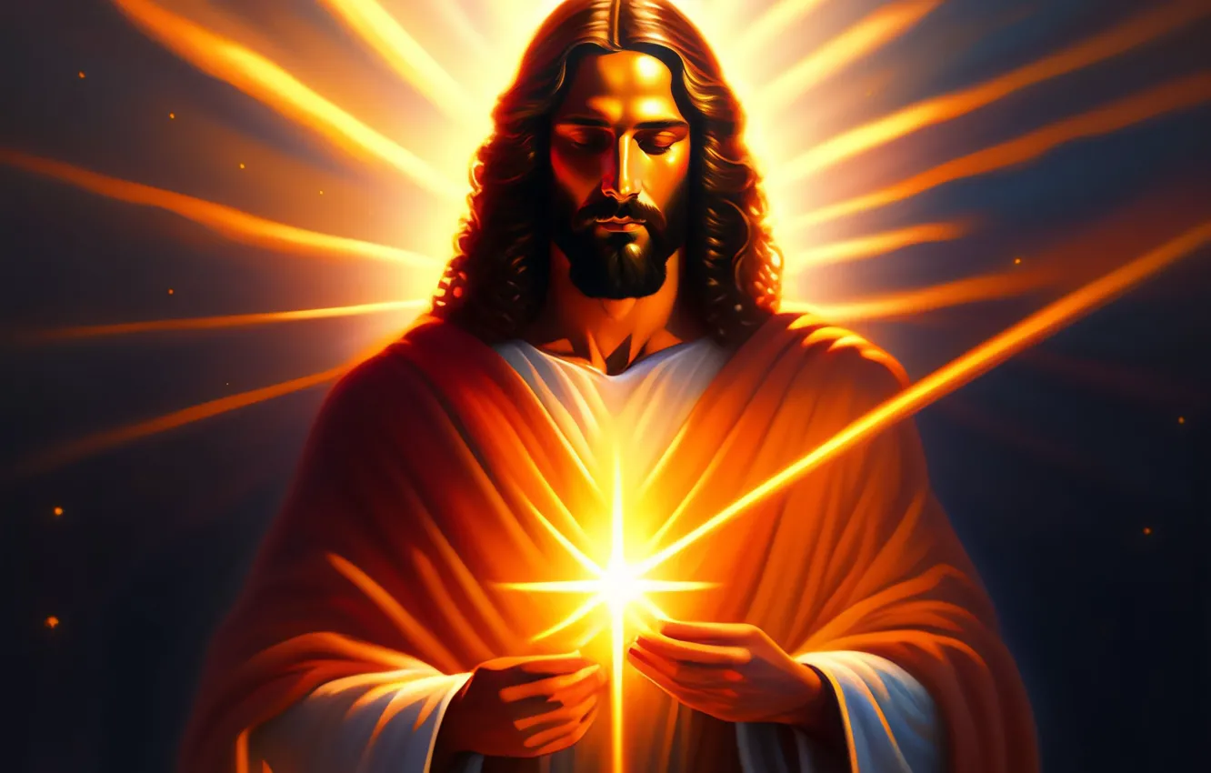 Photo wallpaper Jesus, hair, male, front, religion, Jesus Christ, digital art, AI art