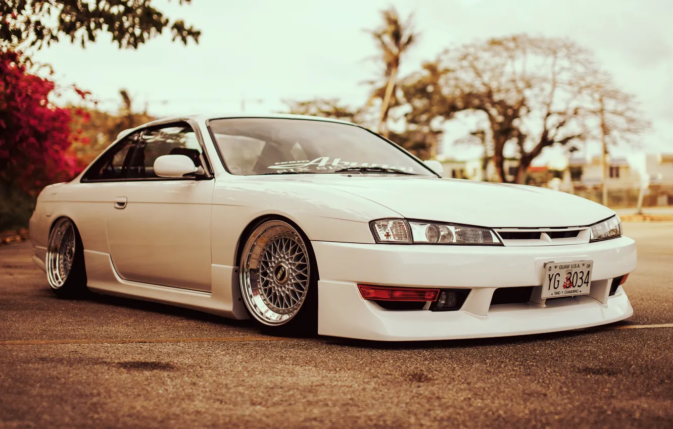 Photo wallpaper flowers, tuning, white, Silvia, Nissan, white, Nissan, Sylvia