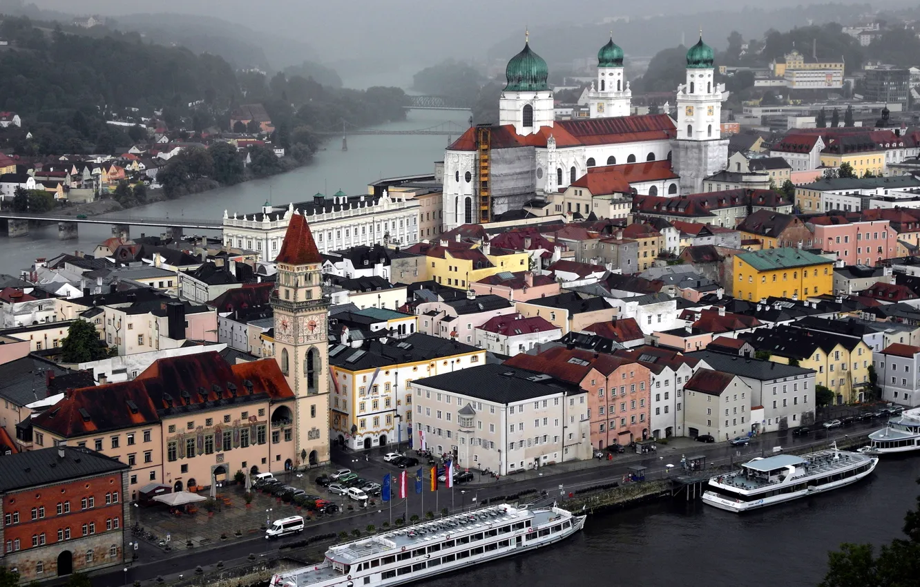 Photo wallpaper the sky, river, ship, tower, home, Germany, Passau