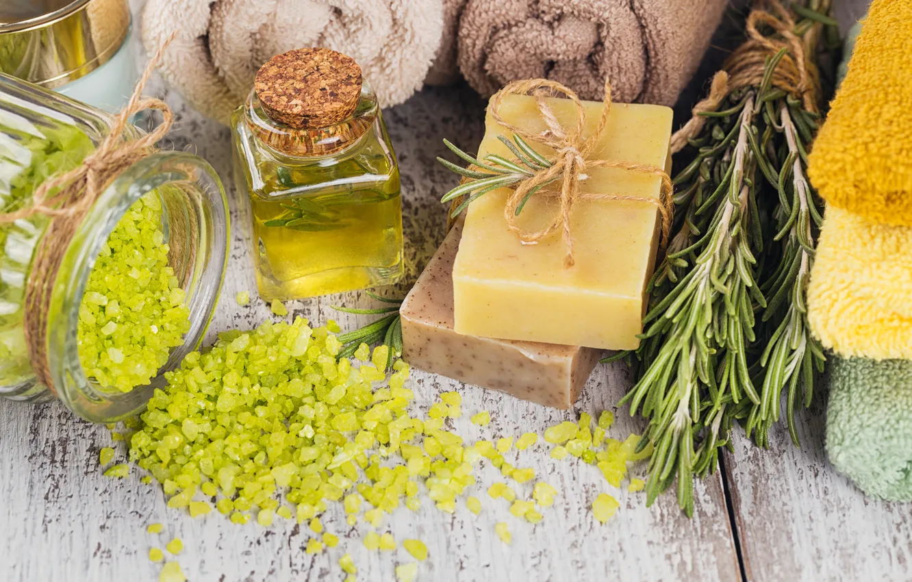 Photo wallpaper towel, soap, relax, jars, wood, spa, bath salt, olive oil