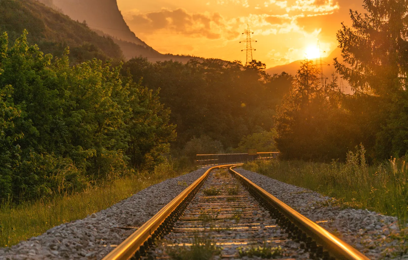 Photo wallpaper forest, landscape, sunset, nature, rails, mountain