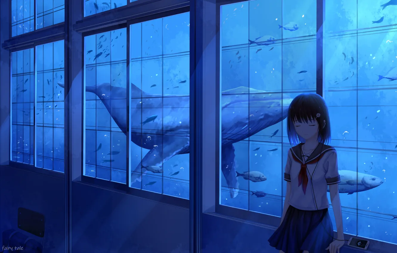Photo wallpaper the ocean, fish, window, kit, schoolgirl
