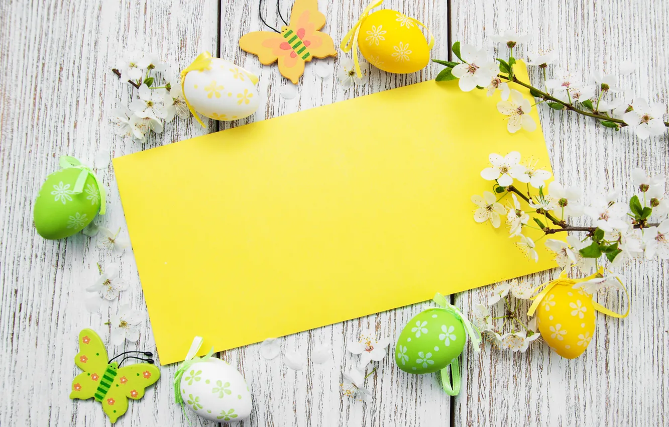 Photo wallpaper flowers, eggs, spring, colorful, Easter, happy, wood, blossom