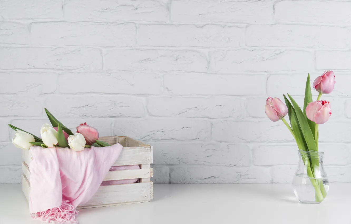 Photo wallpaper scarf, vase, pink, composition, bouquets, city