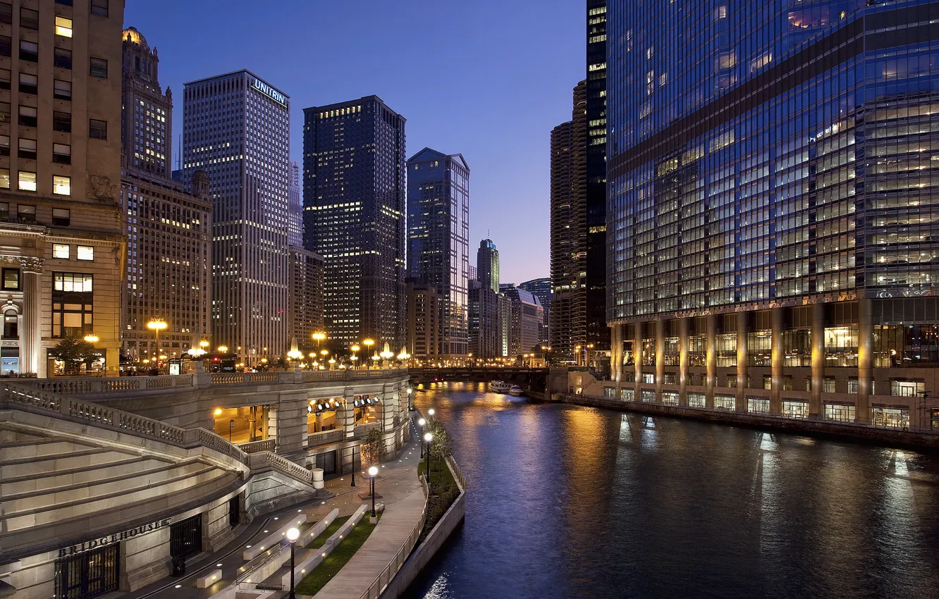 Photo wallpaper night, bridge, lights, river, street, home, USA, Chicago