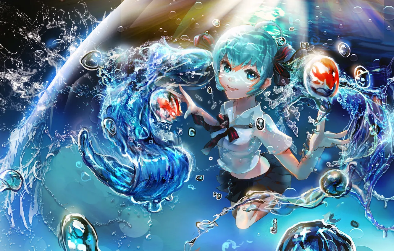 Photo wallpaper water, drops, music, art, girl, vocaloid, miku hatsune