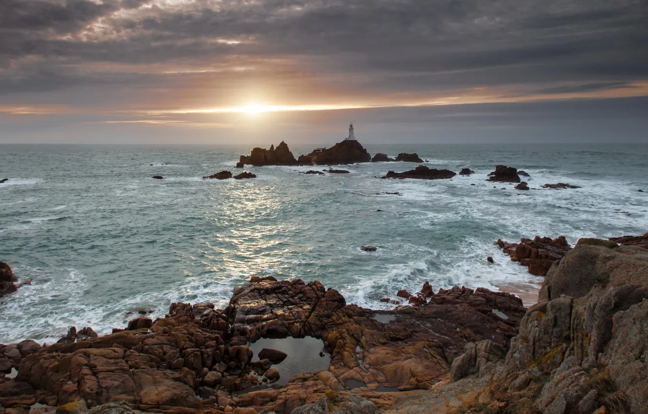 Photo wallpaper sea, sunset, lighthouse