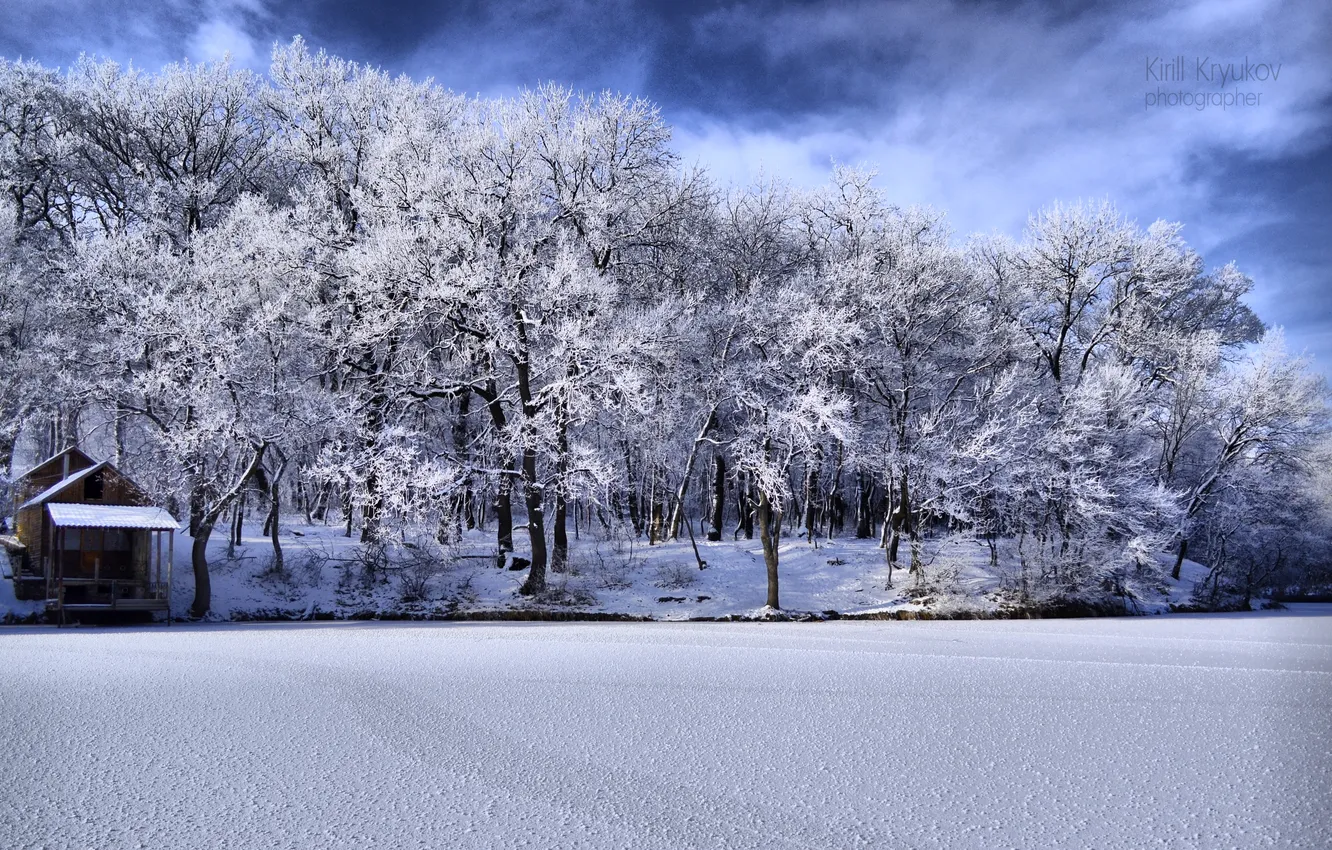 Photo wallpaper winter, forest, water, HDR, frost, mystery