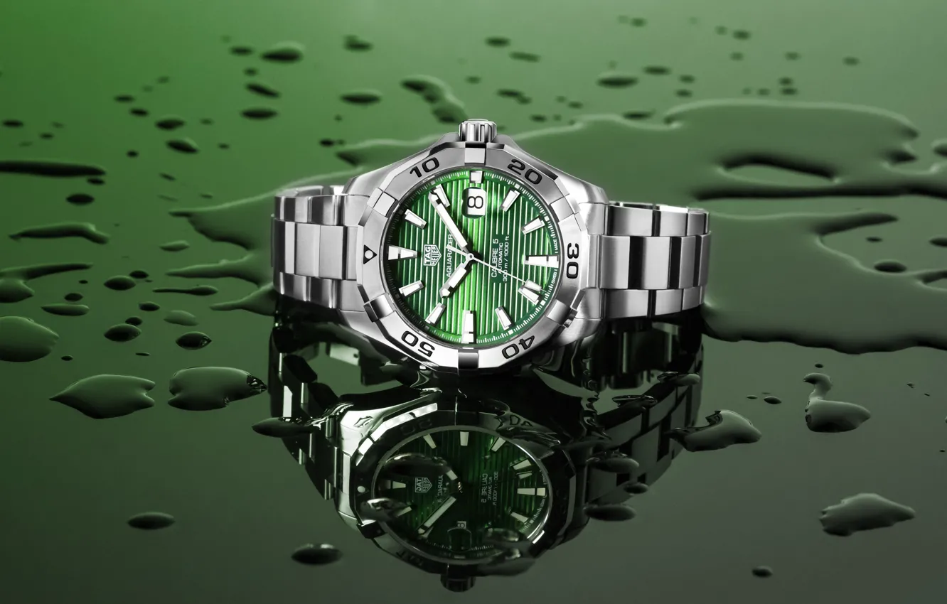 Photo wallpaper green, watch, TAG Heuer, Aquaracer, calibre 5