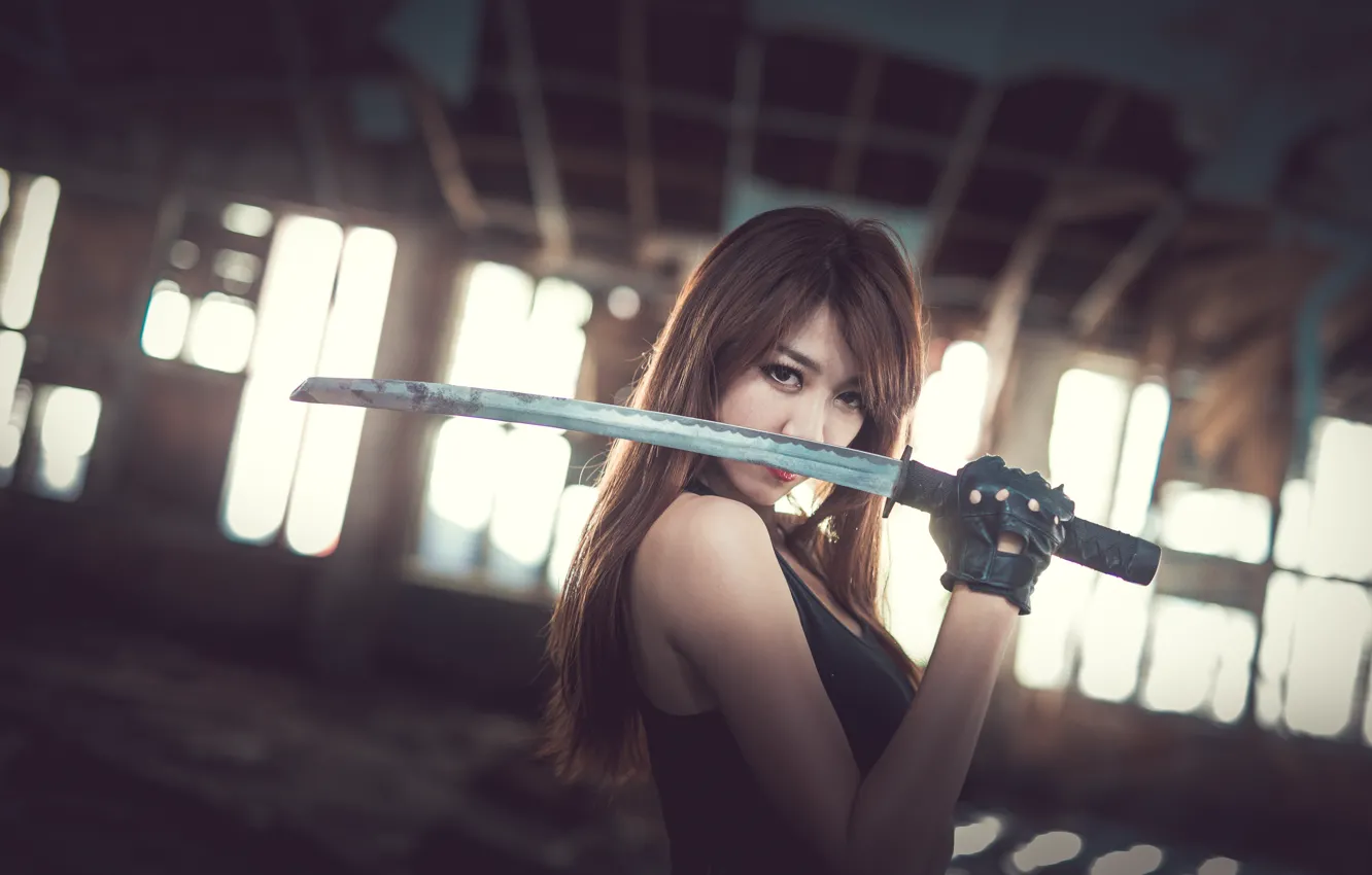 Photo wallpaper girl, background, sword, Asian