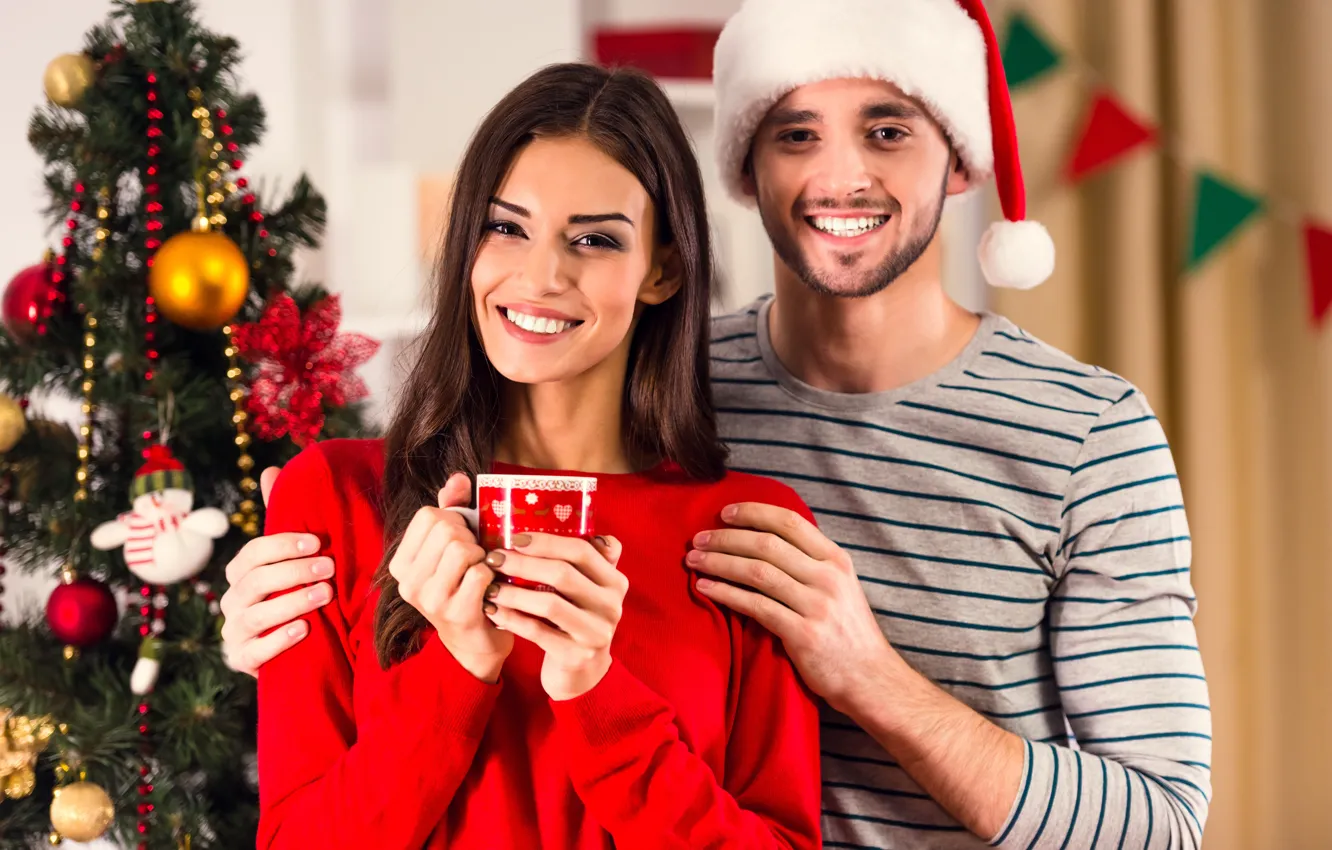 Photo wallpaper girl, smile, holiday, hat, toy, tree, new year, makeup