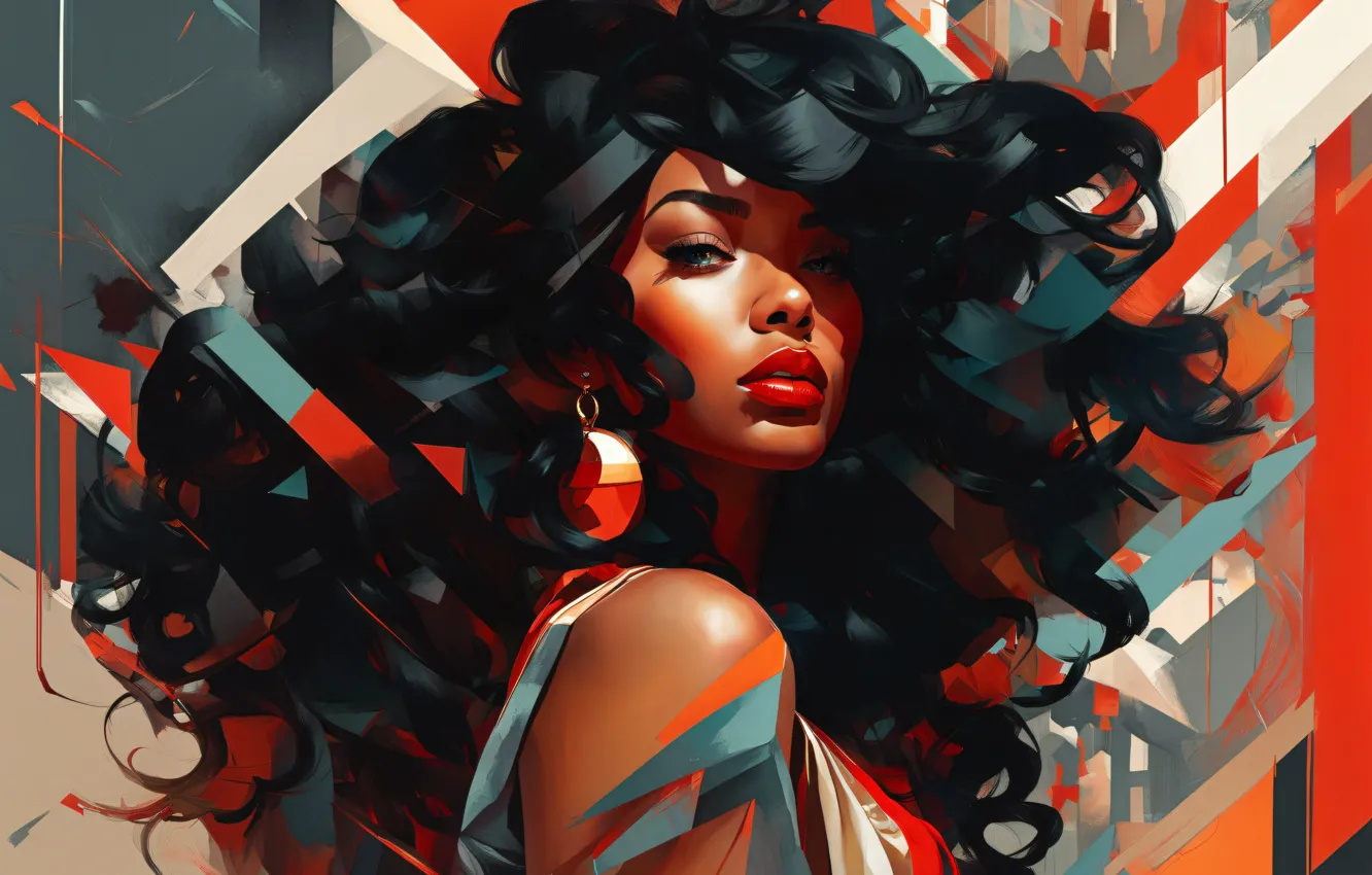 Photo wallpaper look, girl, hair, brunette, digital art, AI art, The Art of Artificial Intelligence, neural network