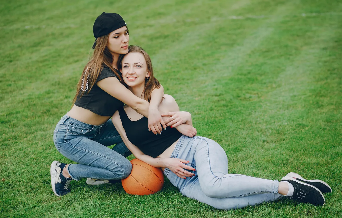 Photo wallpaper girls, jeans, sneakers, girlfriends, basketball ball