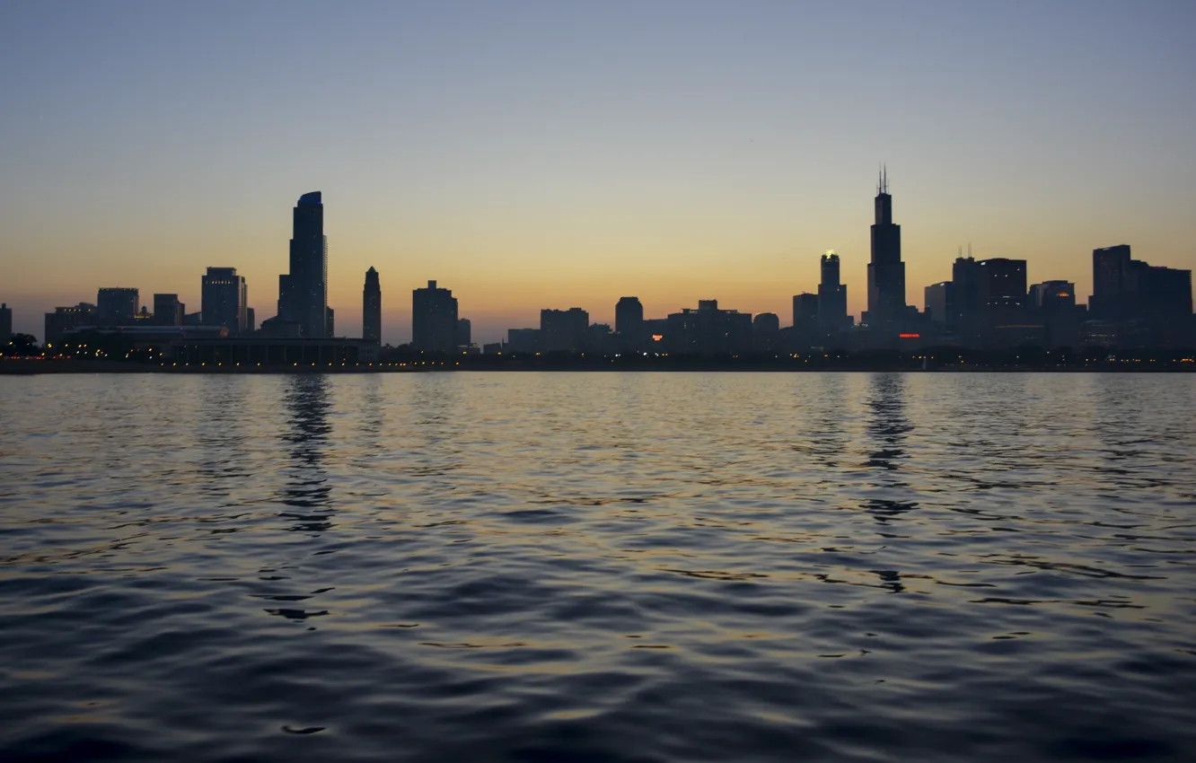 Photo wallpaper sea, wave, sunset, the city, lights, lake, reflection, river