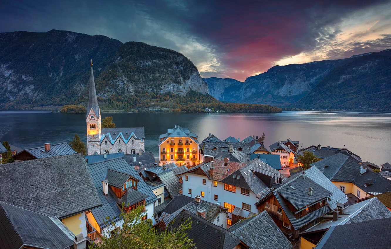 Photo wallpaper mountains, lake, home, the evening, Austria, roof, Alps, Church