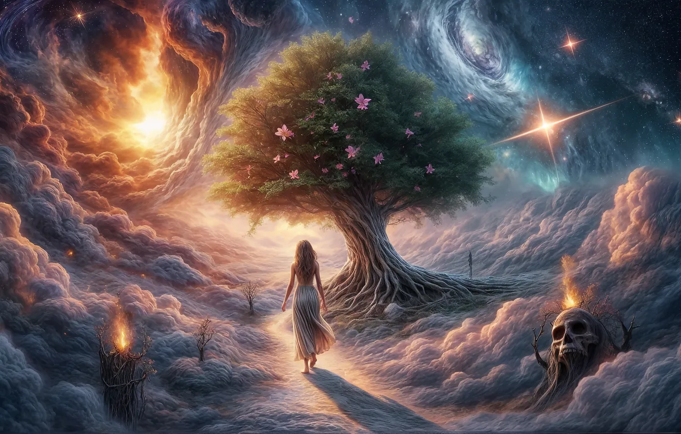 Photo wallpaper girl, space, clouds, trees, skull, fantasy, AI art, neural network