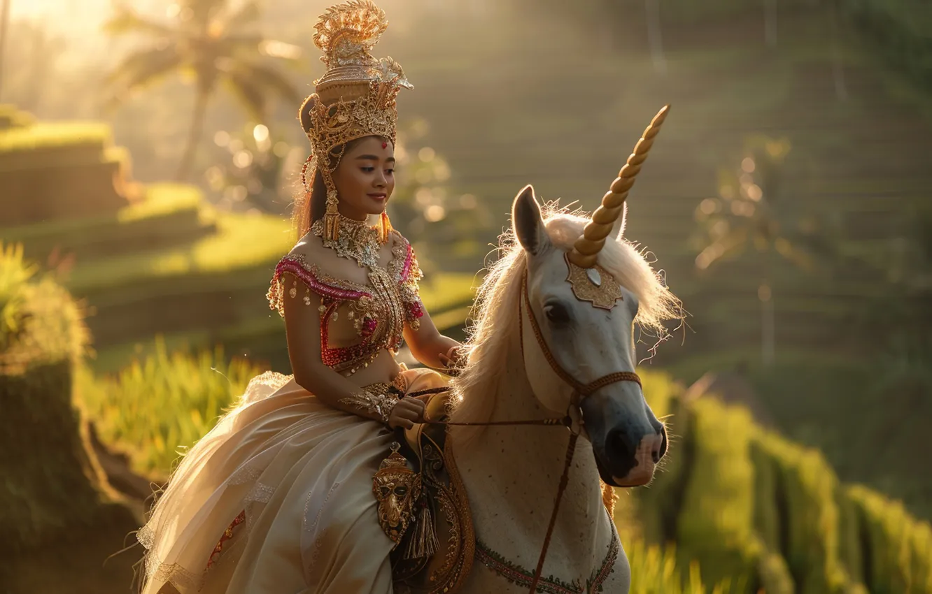 Photo wallpaper white, girl, decoration, nature, fog, horse, horse, Asia