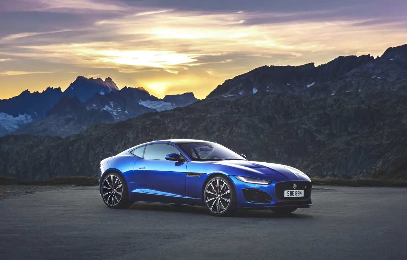 Photo wallpaper sunset, mountains, Jaguar, F-Type, F-Type R, 2021