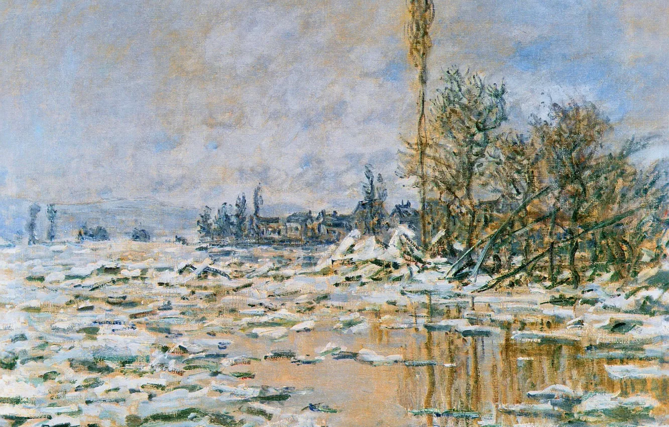 Photo wallpaper landscape, picture, Claude Monet, The opening of the ice. Lavancher. Cloudy Weather