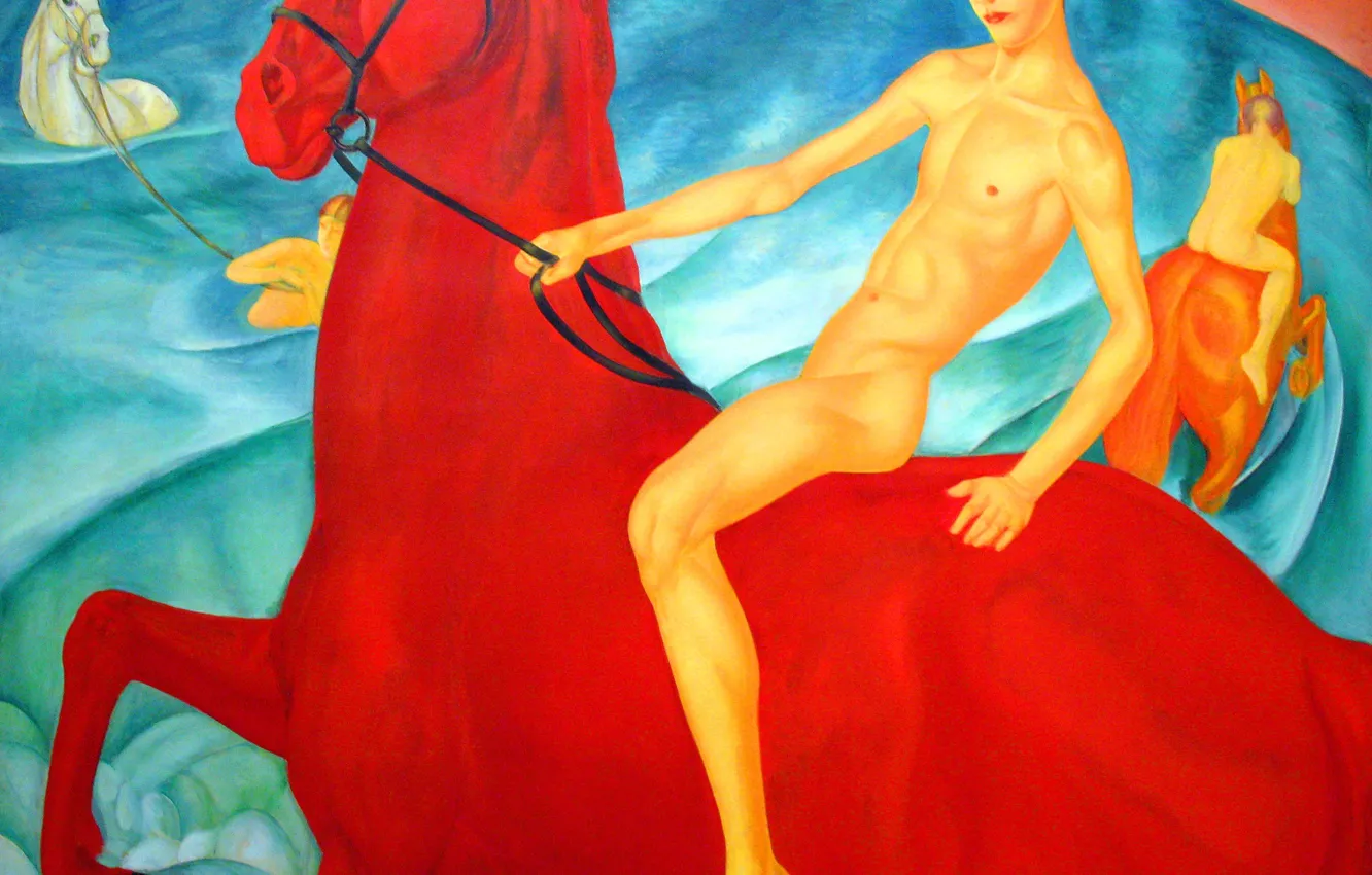Photo wallpaper water, horse, picture, guy, river, Kuzma Petrov-Vodkin, Russian and Soviet painter, Bathing the red horse