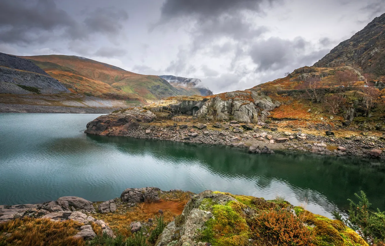 Photo wallpaper autumn, lake, Wales, Snowdonia, Llyn Peris