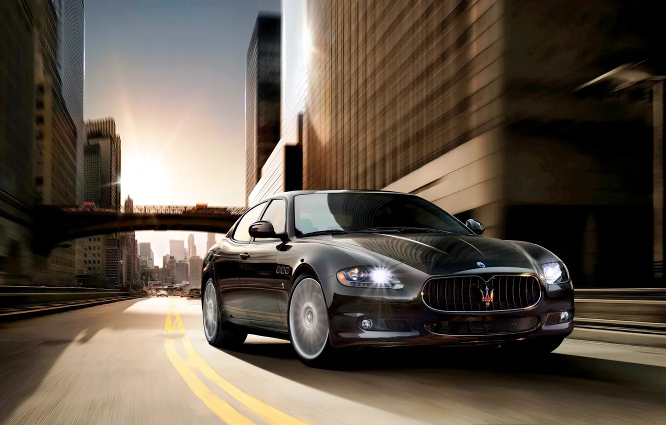 Photo wallpaper Maserati, Quattroporte, Road, Black, The city, Logo, Car, Exotic