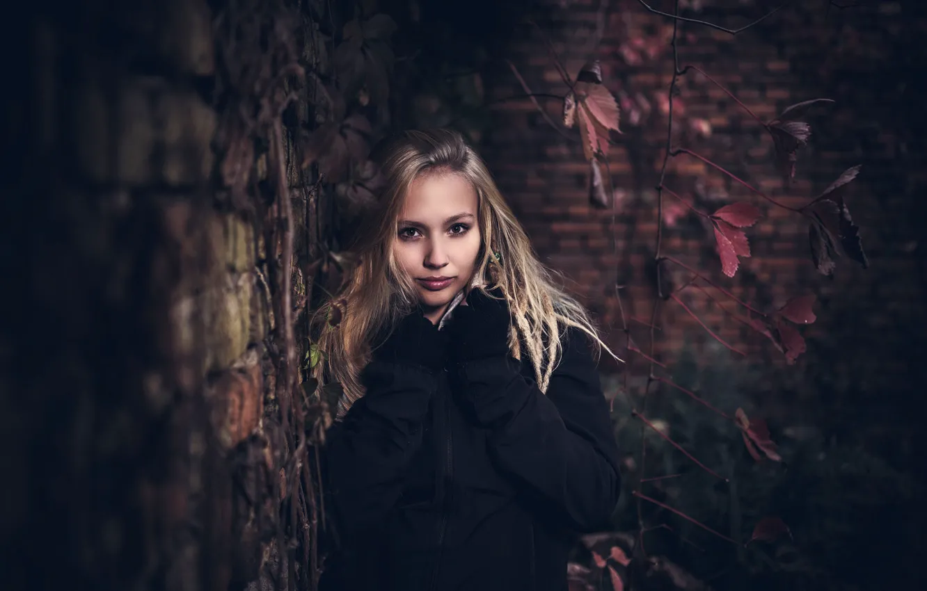 Photo wallpaper leaves, branches, pose, wall, model, portrait, brick, makeup