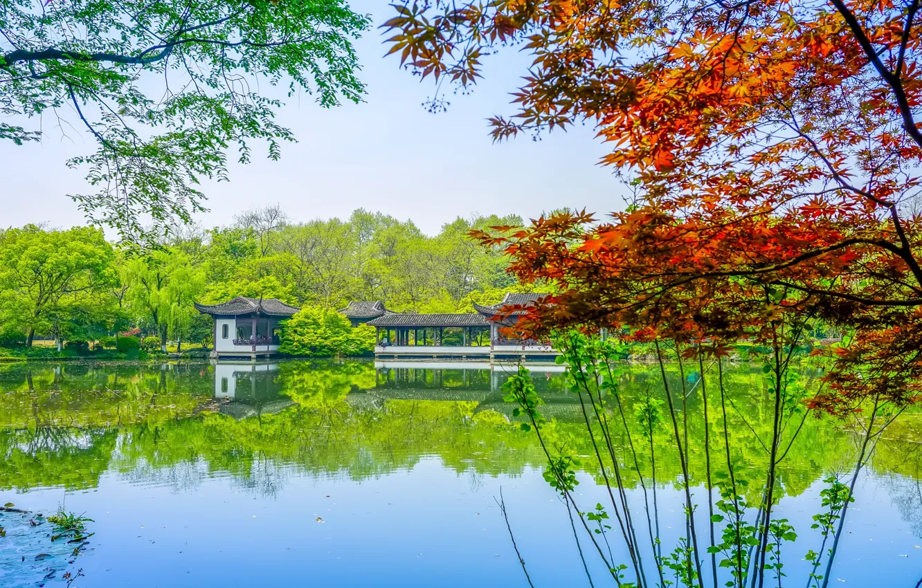 Photo wallpaper trees, landscape, nature, river, China, house