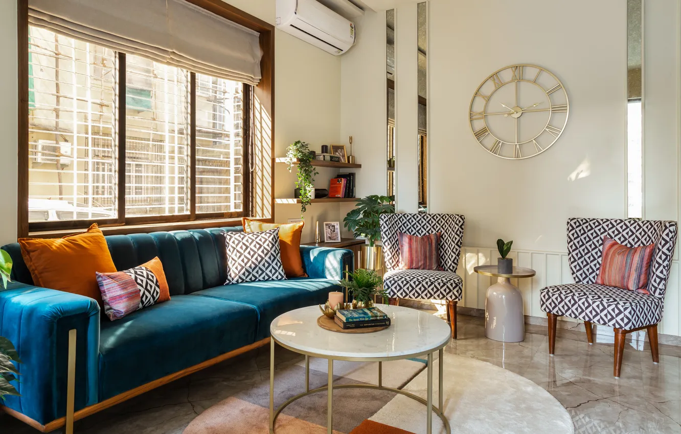 Photo wallpaper Cozy living room, room, interior, city apartment, retro style, upholstered furniture, design
