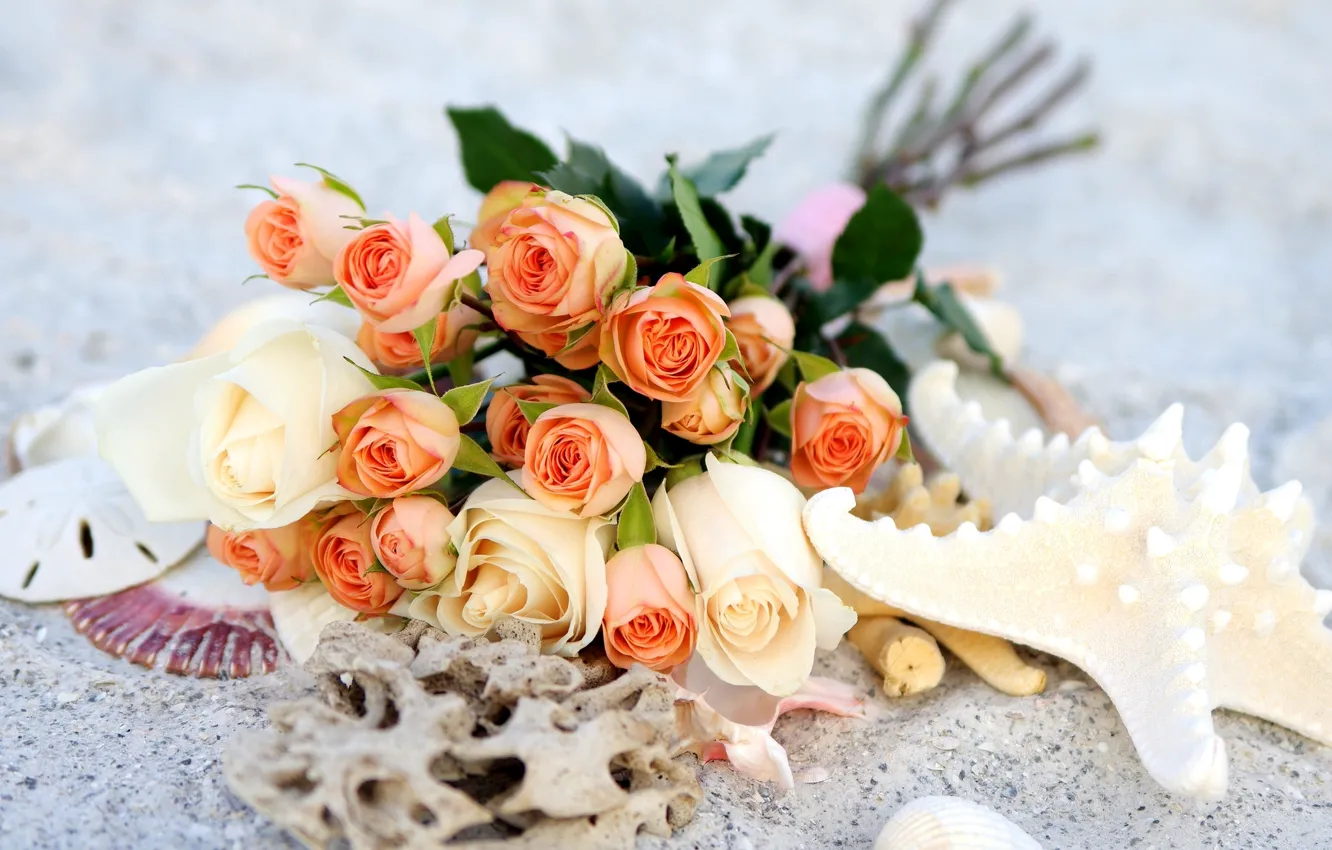 Photo wallpaper roses, bouquet, starfish