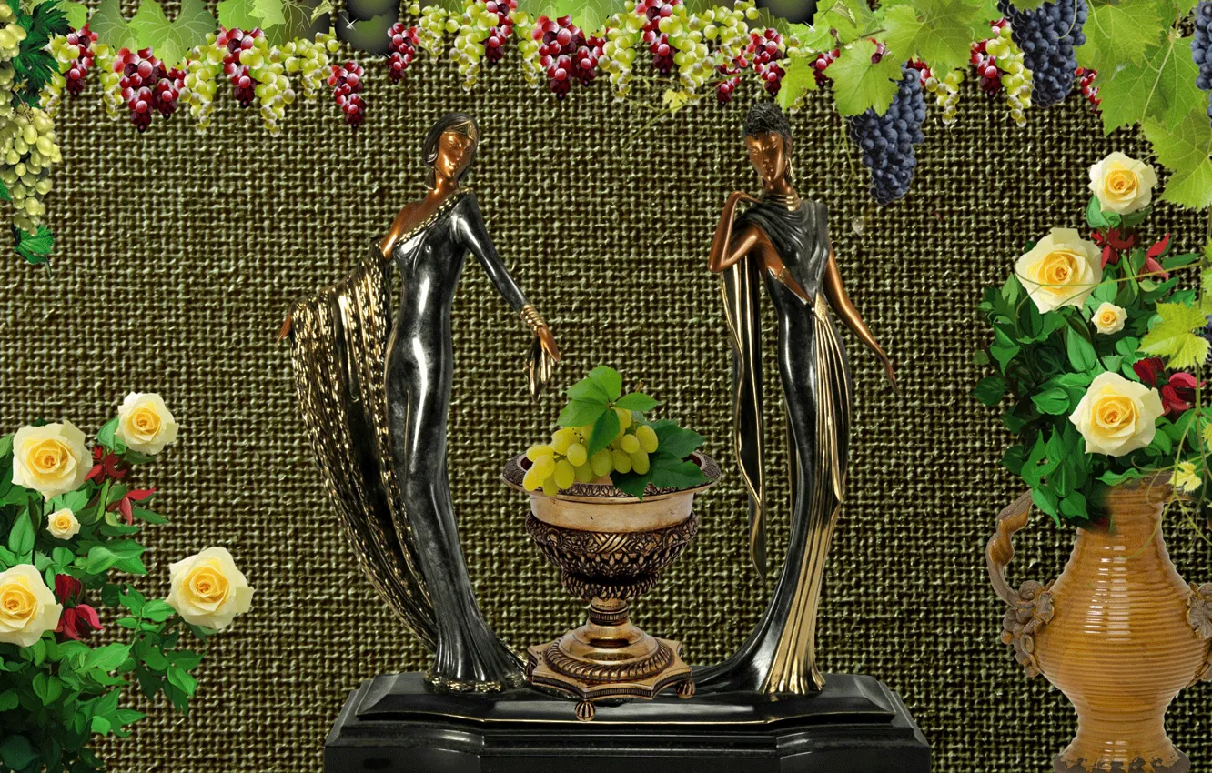 Photo wallpaper girl, flowers, mood, roses, grapes, figurine