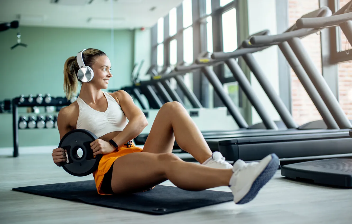 Photo wallpaper girl, shorts, exercise, sports, fitness, gym, sneakers