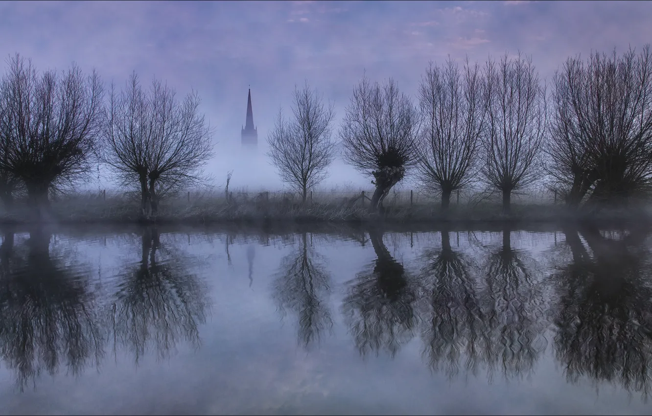 Photo wallpaper sunrise, Thames, reflection, Gloucestershire, Lechlade, St. Lawrence Church, river thames