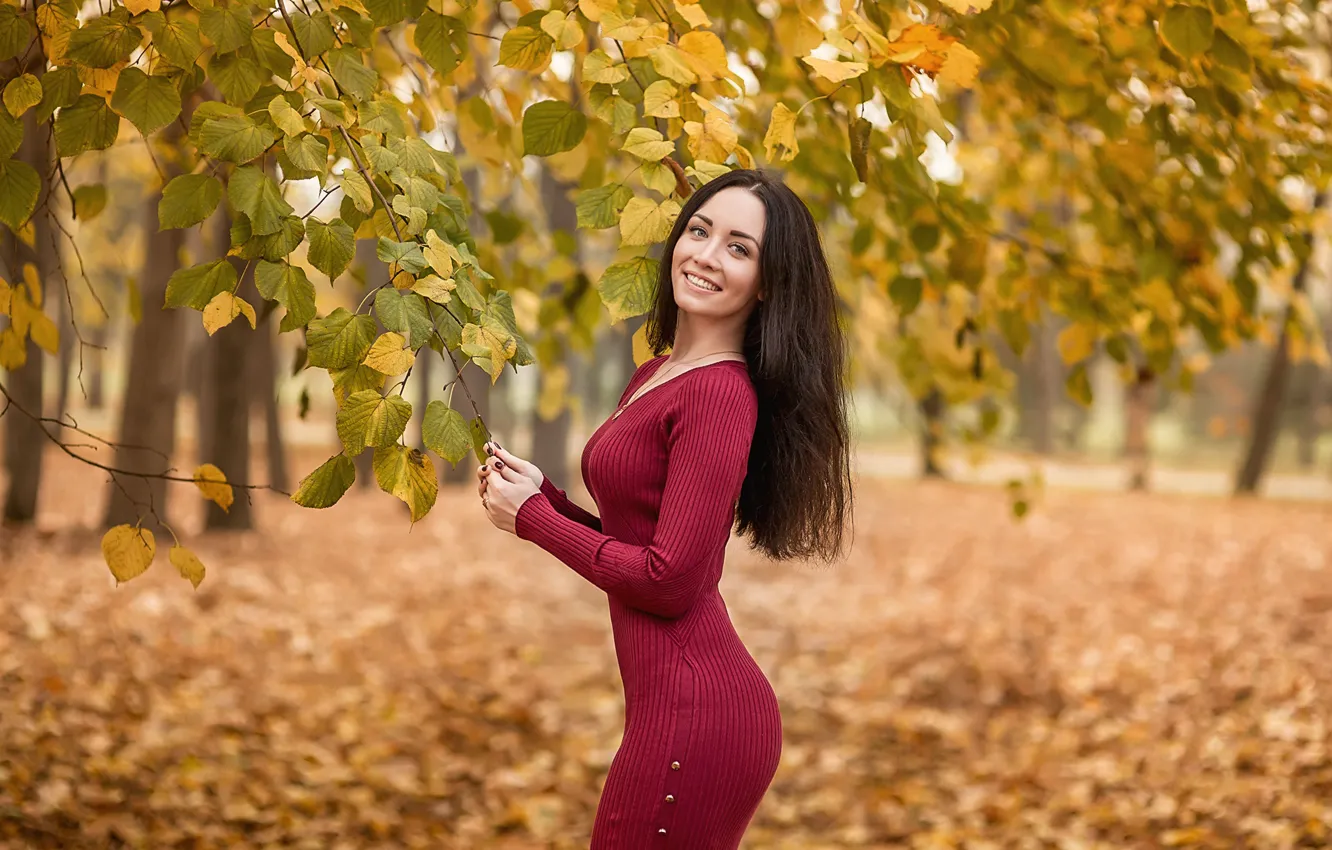 Photo wallpaper autumn, model, pretty, brunette, pose, red dress, A Diakov George