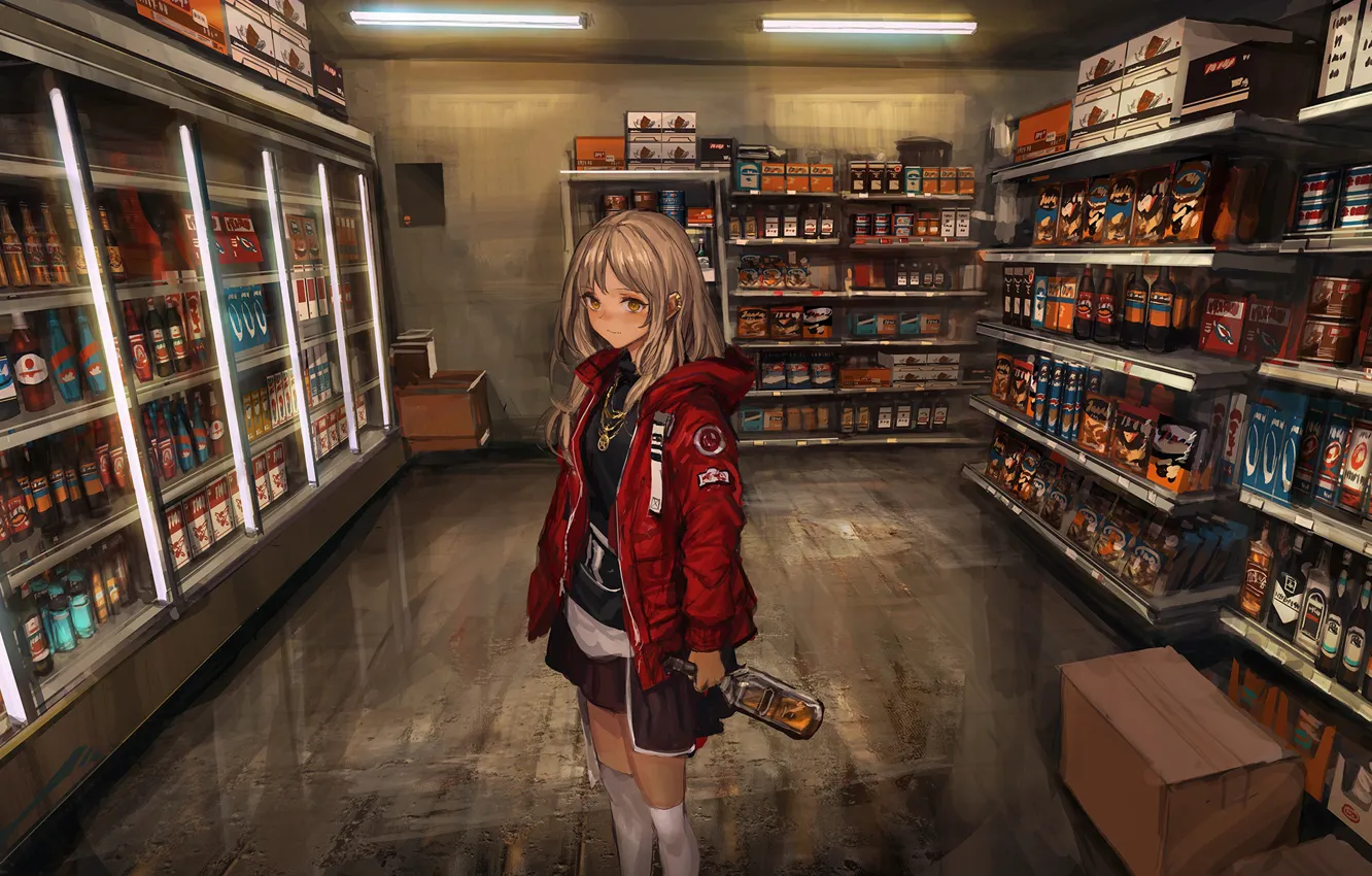 Photo wallpaper girl, stockings, anime, art, alcohol, form, bottle, shop