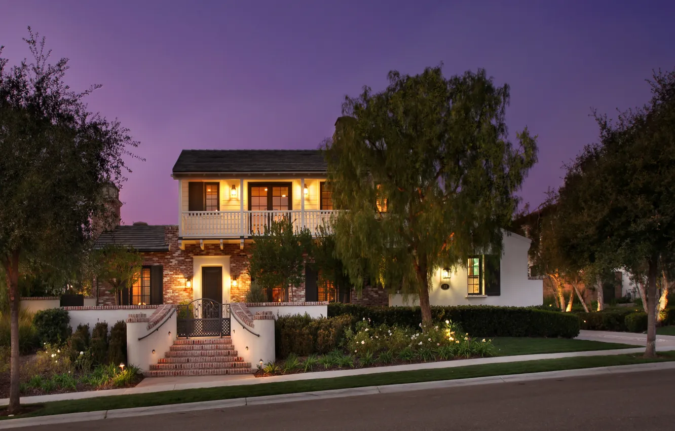 Photo wallpaper trees, night, the city, photo, home, lights, mansion, the bushes