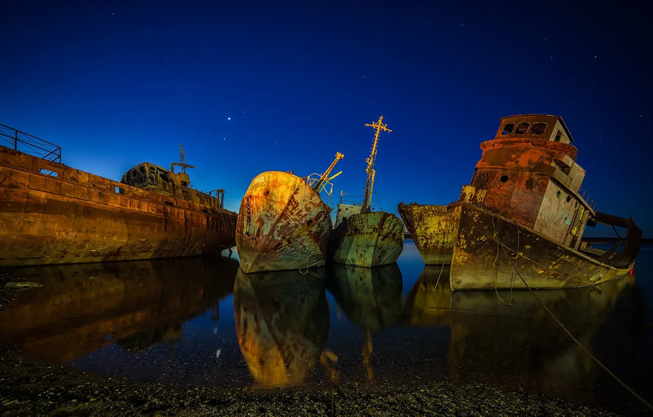 Photo wallpaper night, river, ship