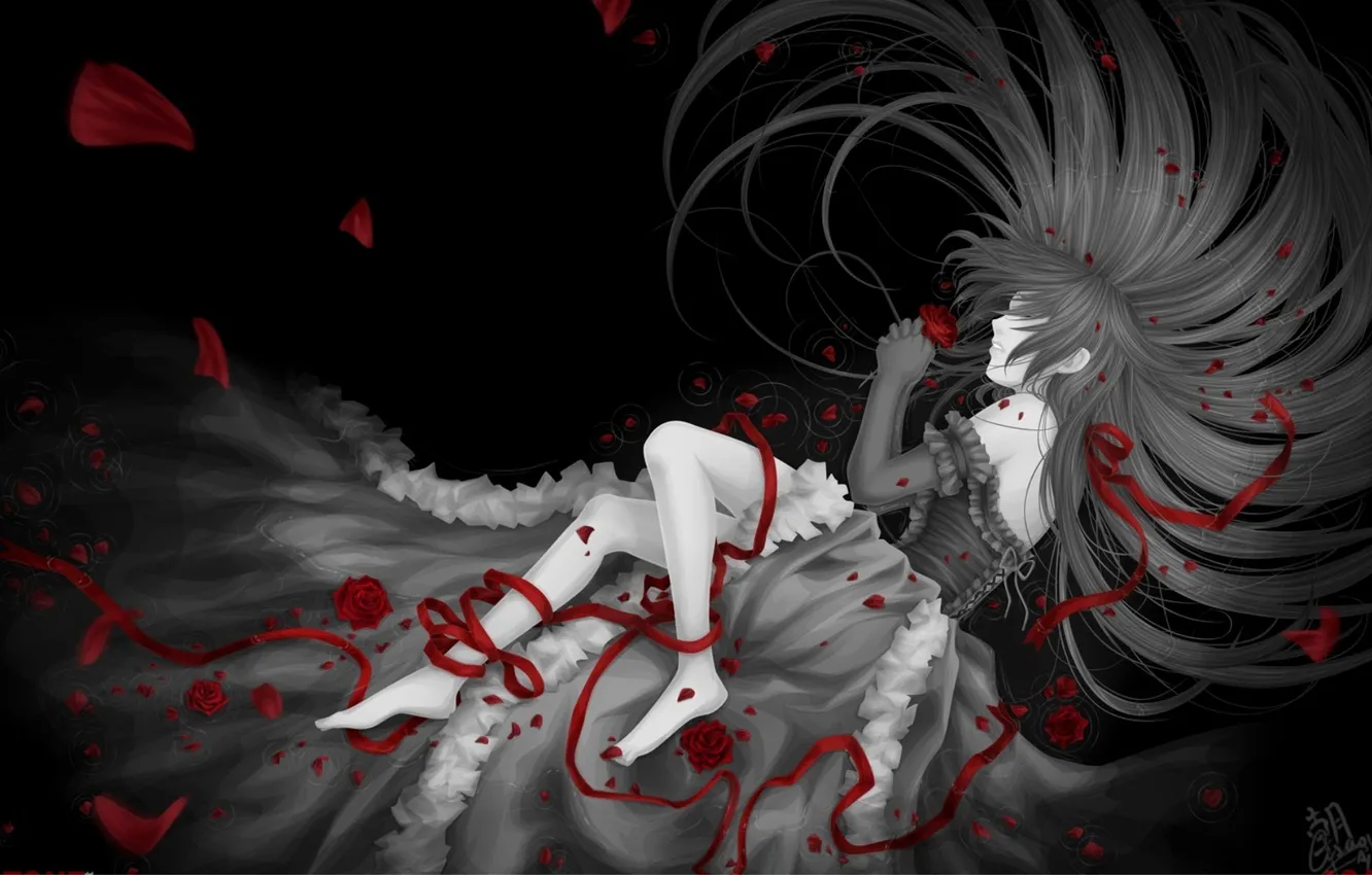 Photo wallpaper girl, black, roses, petals, ribbon, Alice, pandora hearts, Pandora hearts