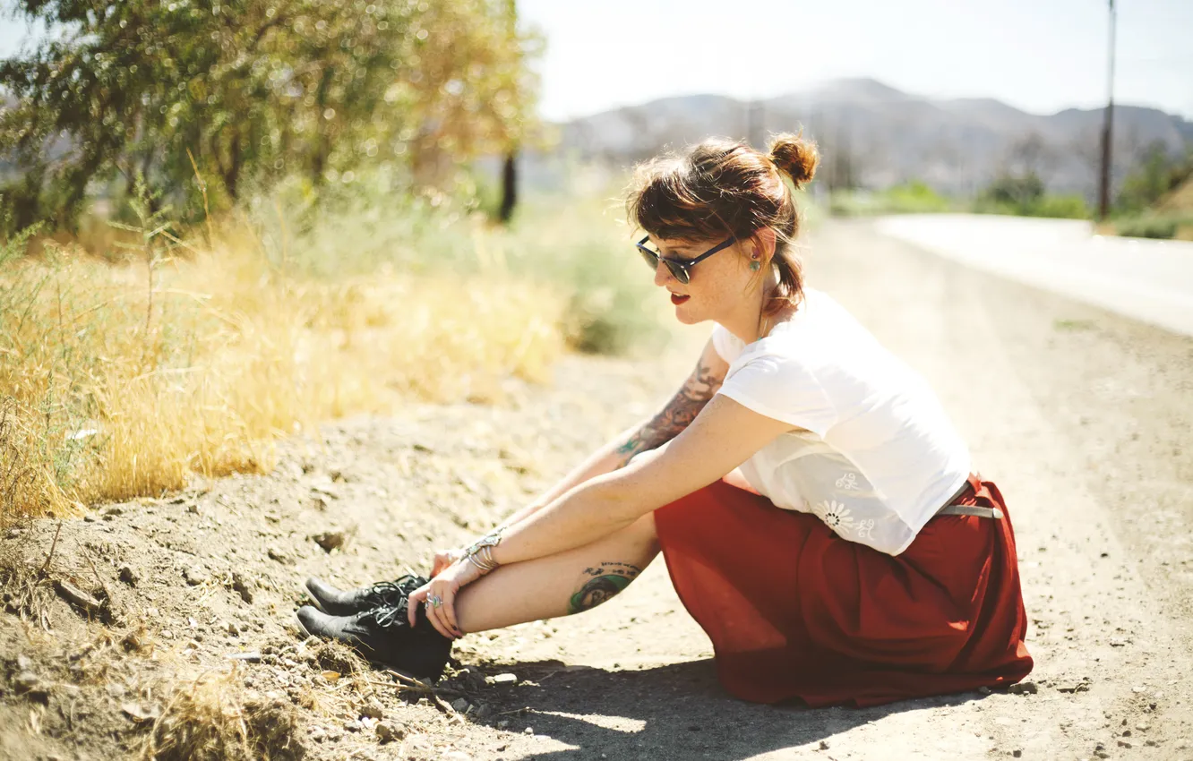 Photo wallpaper road, girl, light, Shelbi