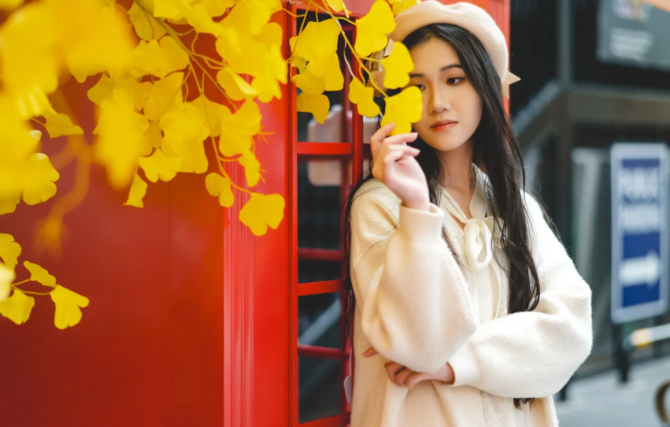 Photo wallpaper woman, beautiful, leaves, tree, model, pretty, asian, cute